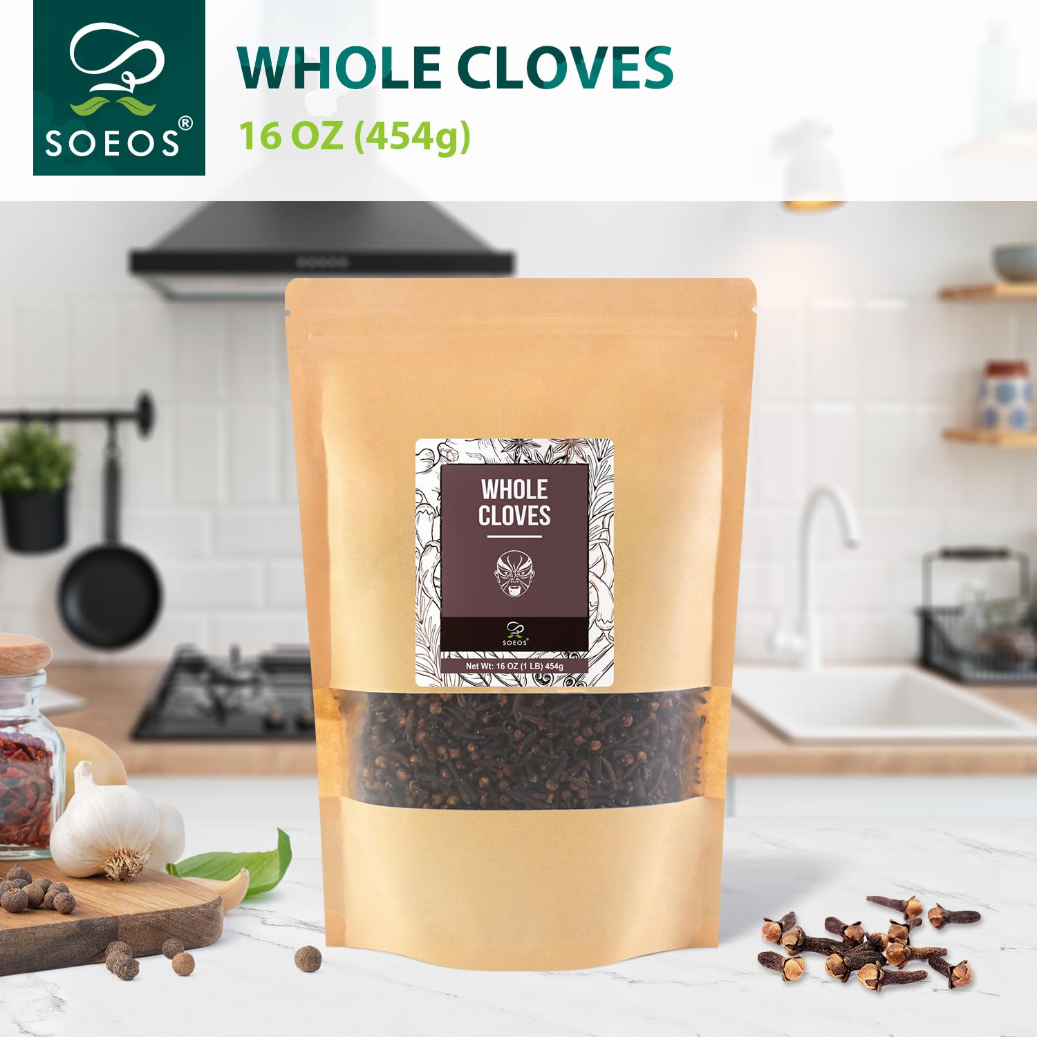 Kitchen lifestyle shot with Soeos cloves near baked goods showing culinary versatility
