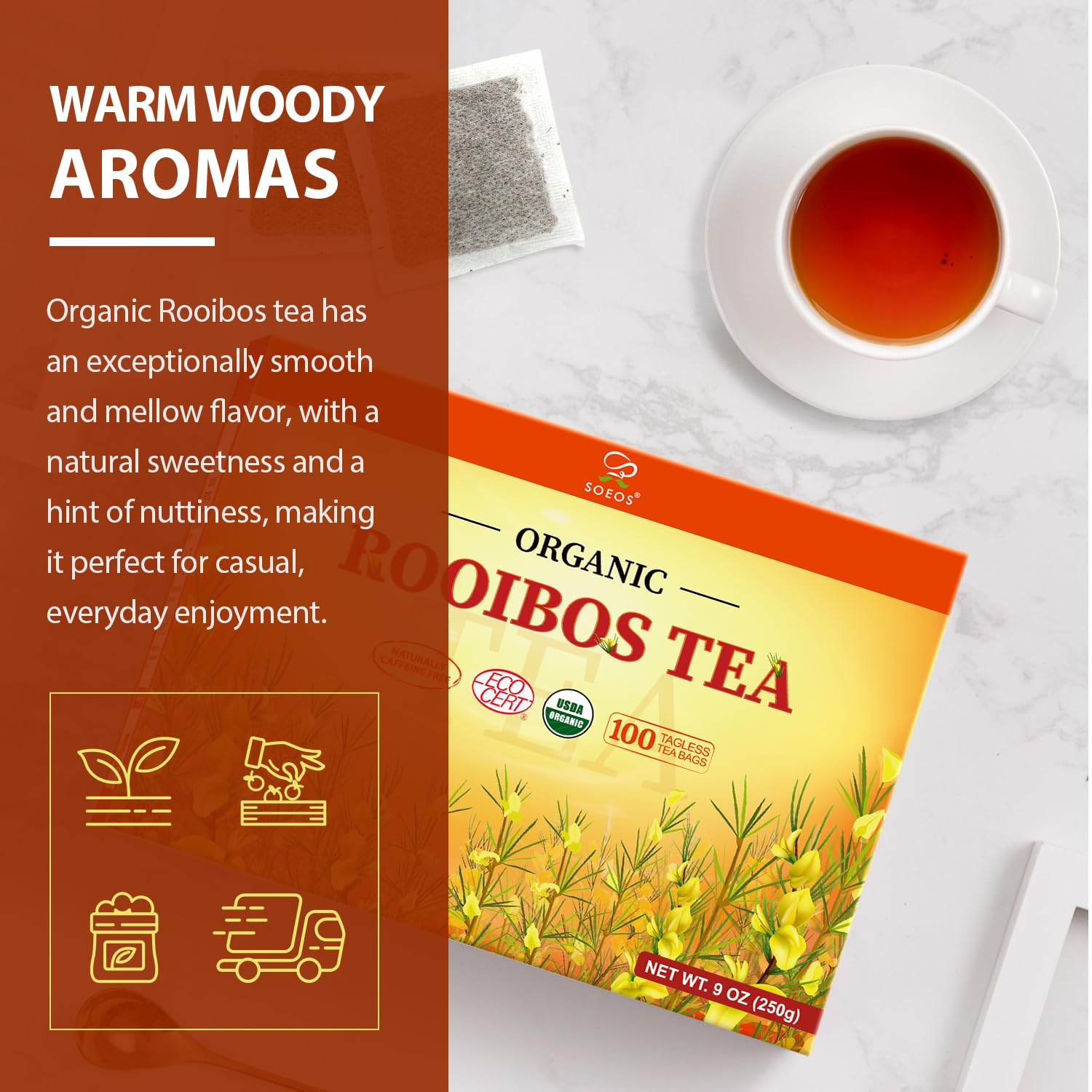 Soeos steaming brewed cup illustrating rich reddish-brown color and warmth