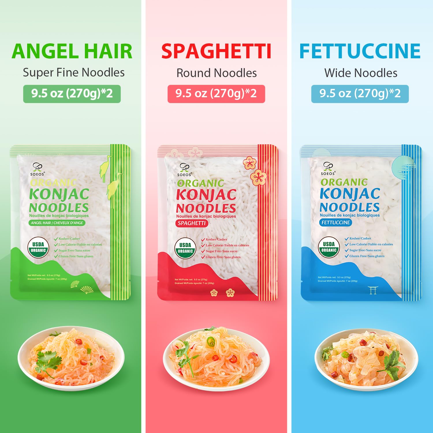 Soeos fettuccine close-up showing silky texture and low calories