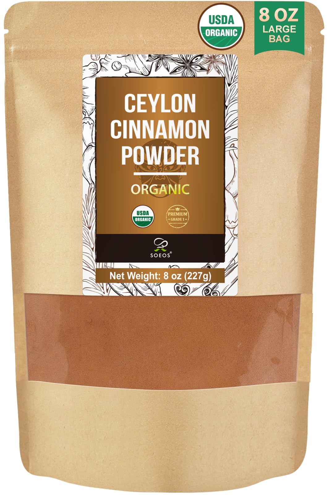 Soeos front packaging 8oz jar showing pure Ceylon cinnamon benefit aroma