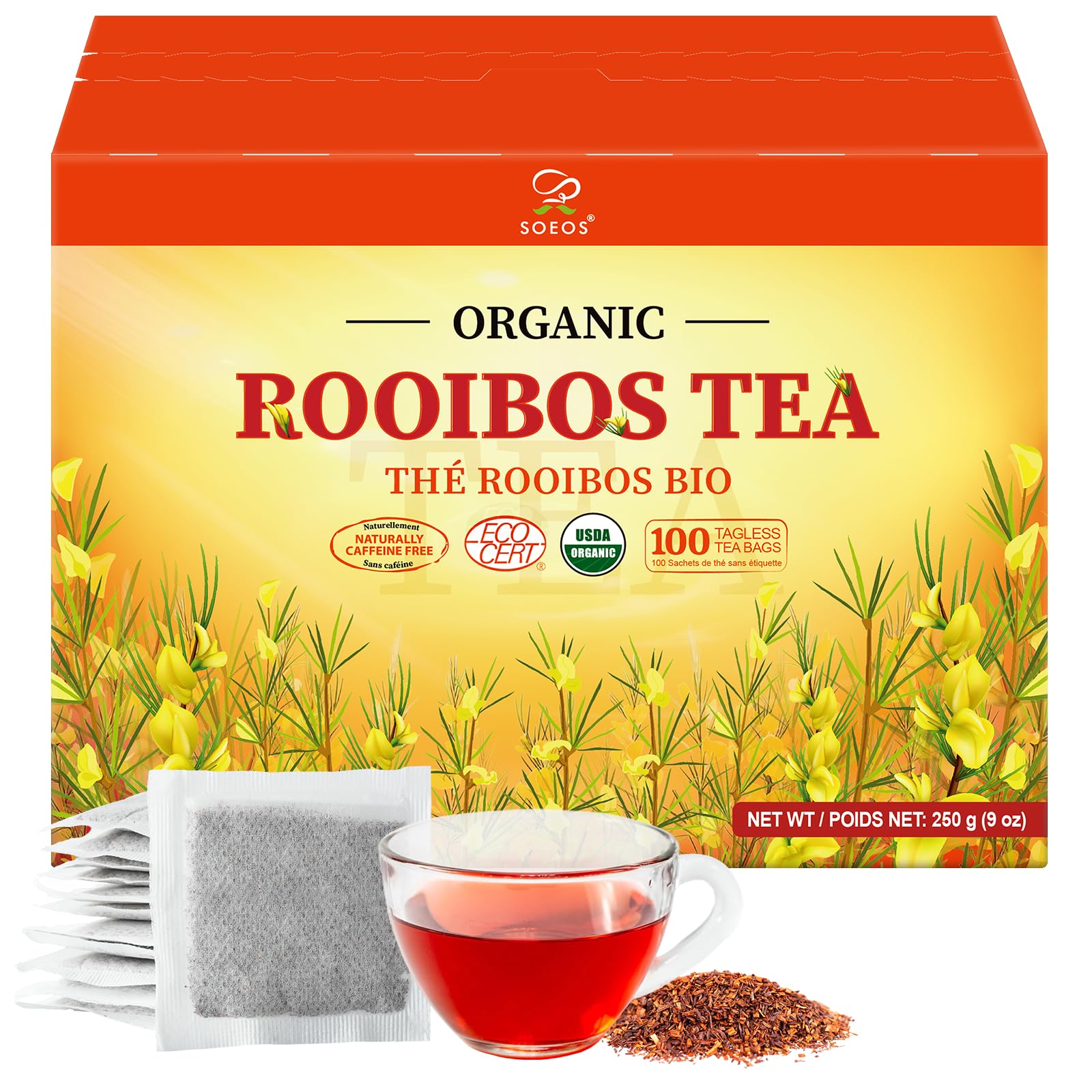 Soeos front packaging showing 100-count rooibos tea bags and organic seal