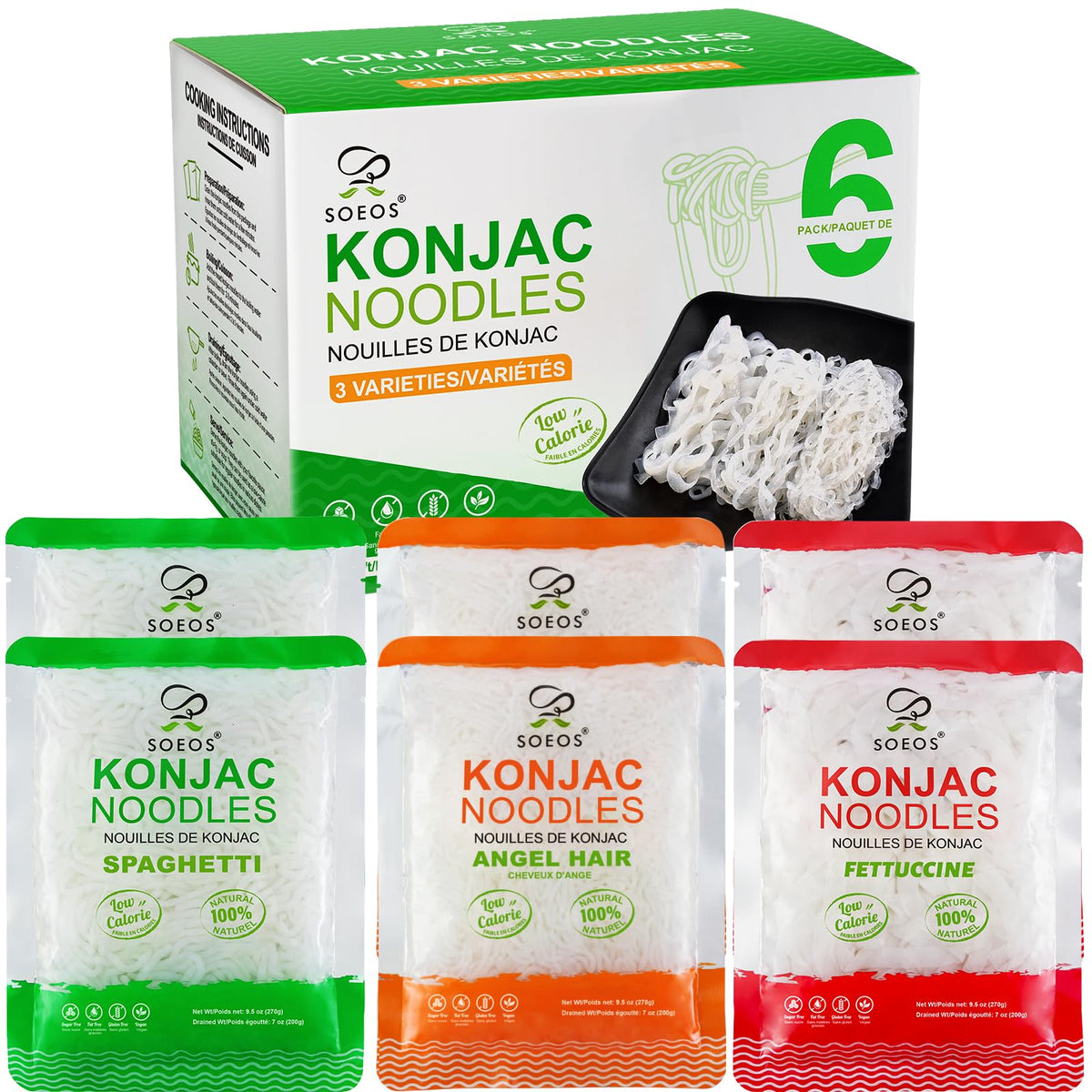 Soeos front packaging showing three-shape variety pack and convenience