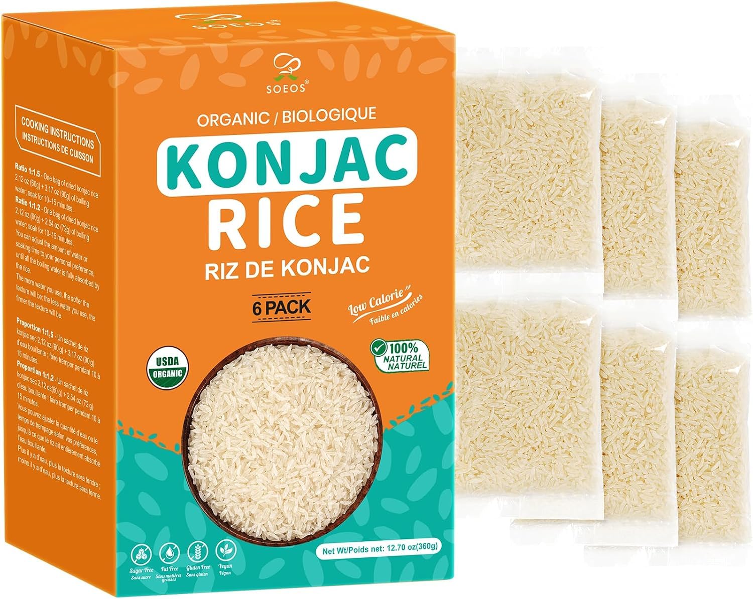 Soeos front packaging showing six 60g konjac rice packs and clear branding for convenience