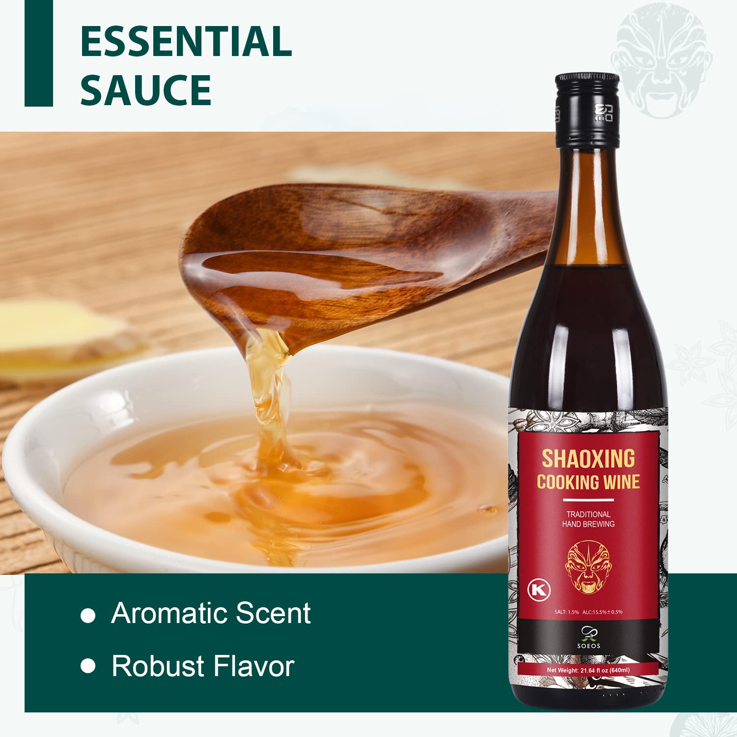 Soeos rice wine poured into spoon showing pourability and seasoning control