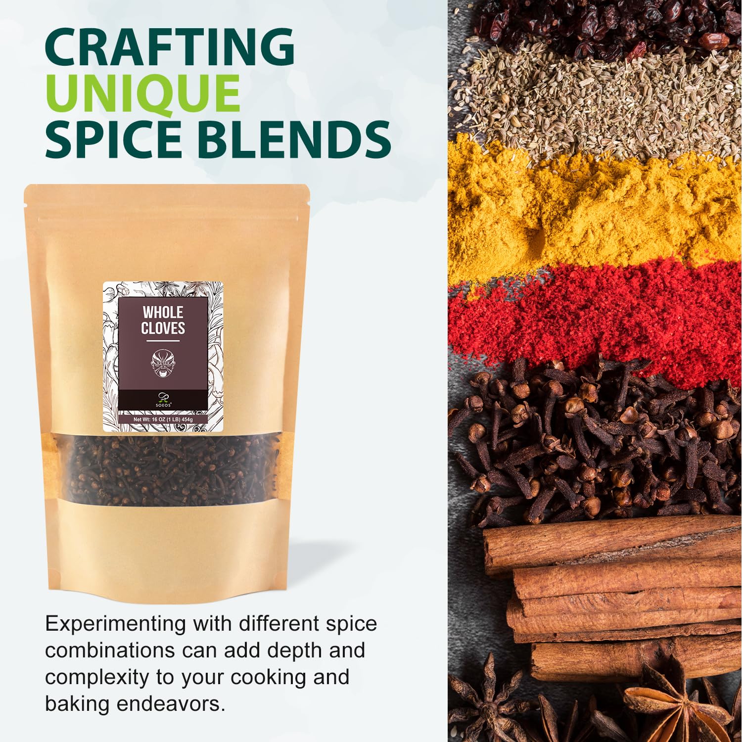 Ground clove powder beside whole Soeos cloves demonstrating fresh grinding for peak aroma