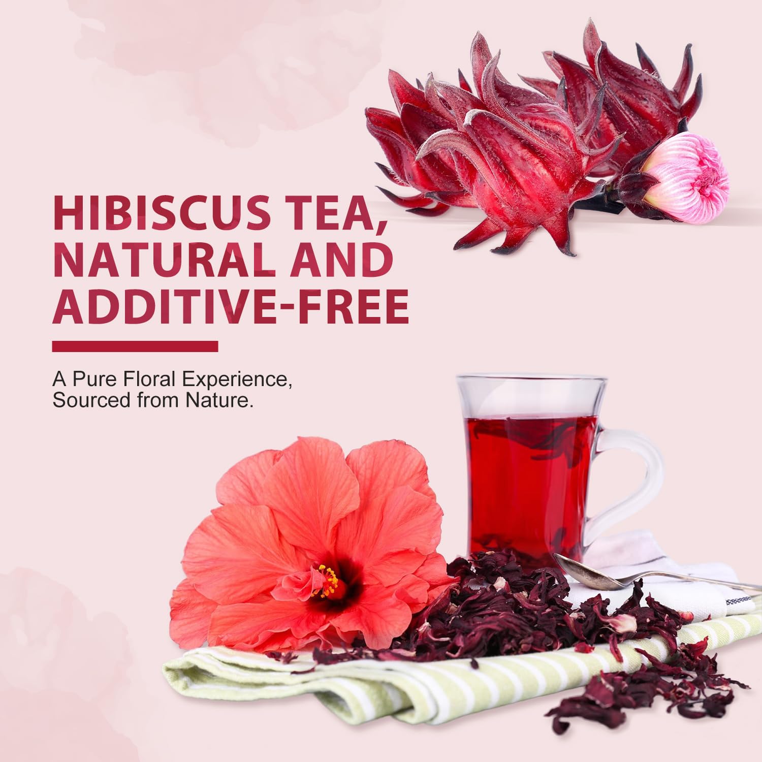 Soeos hot mug of hibiscus tea releasing floral steam, comforting pour