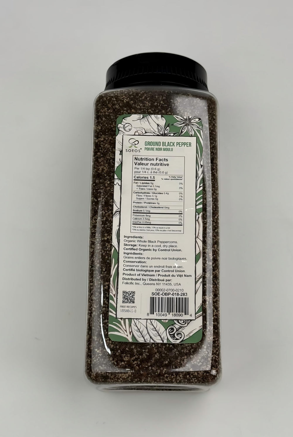 Soeos peppercorn origin display emphasizing organic sourcing