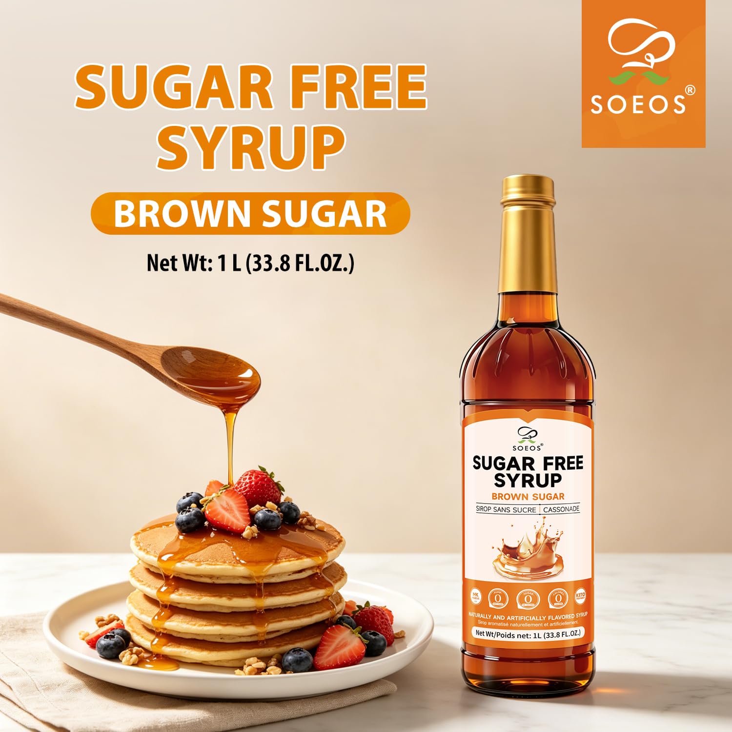 Soeos label closeup revealing product name and brown sugar flavor for informed selection