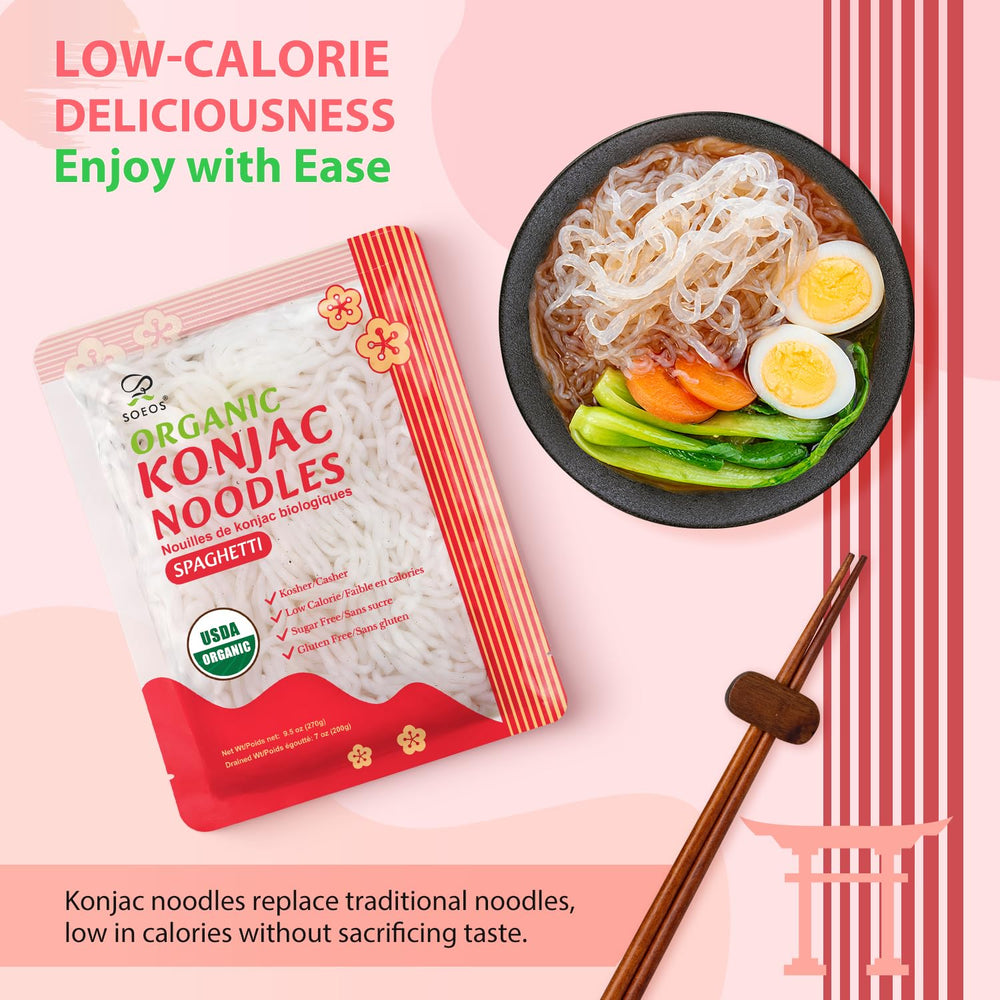 Soeos product label highlighting organic konjac and ingredient clarity
