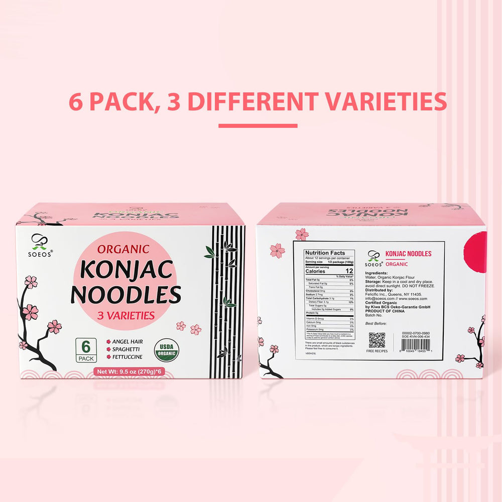 Soeos konjac noodles styled on a kitchen counter ready to serve