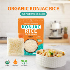 Soeos opened pack close-up showing dry konjac rice texture and quick rehydration benefit