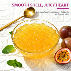 Soeos open tub full of passion fruit boba pearls ready to serve and scoop