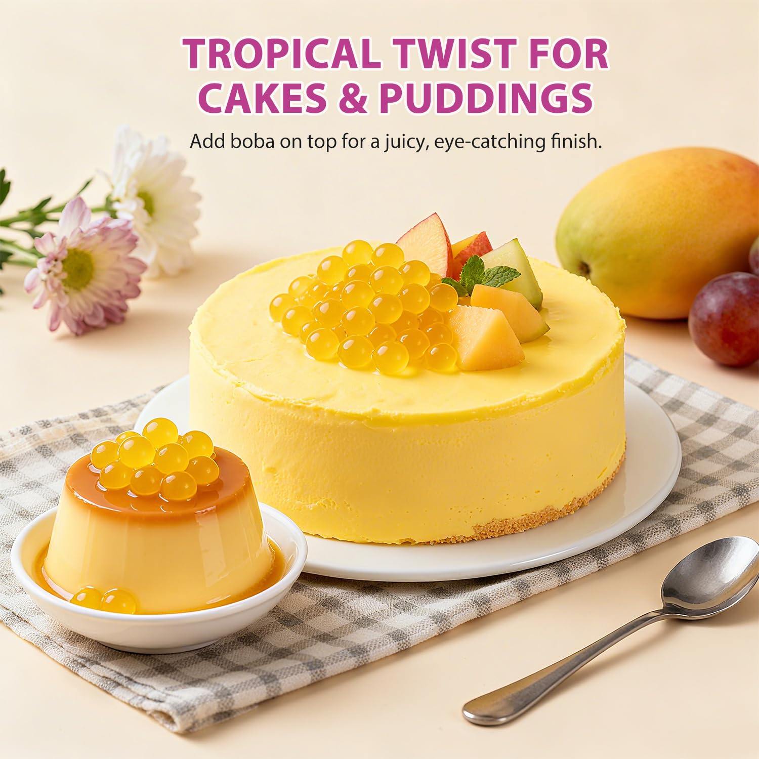 Soeos pearls topping yogurt bowl, adding tropical flavor and texture