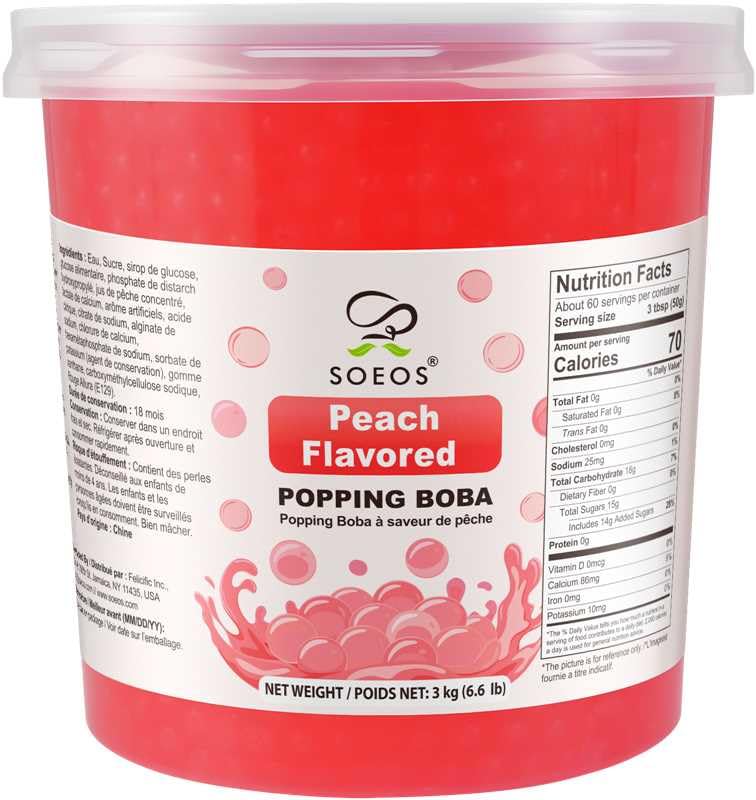 Soeos front packaging showing 3kg peach popping boba for bulk use