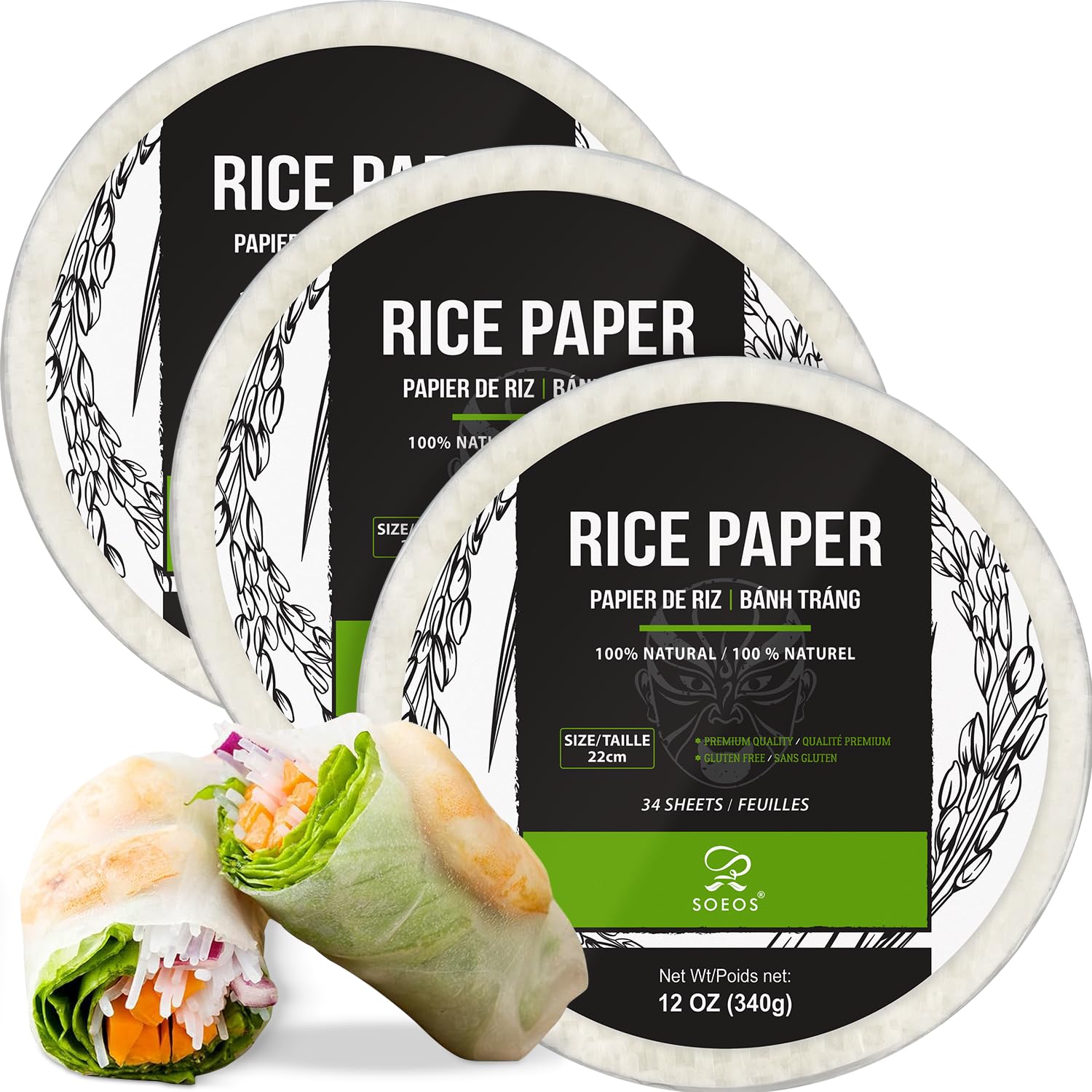Soeos rice paper front packaging showing pack count and 22cm size for convenience