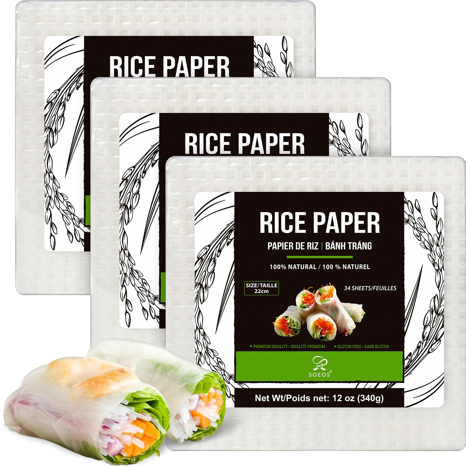 Soeos front packaging showing three 102-sheet packs for pantry convenience