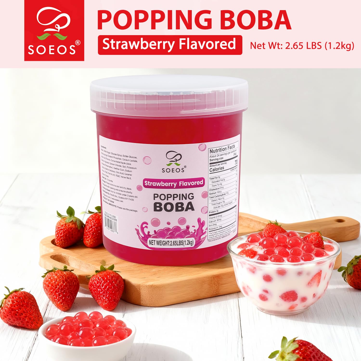 Close-up of Soeos strawberry pearls texture showing juicy centers and shine