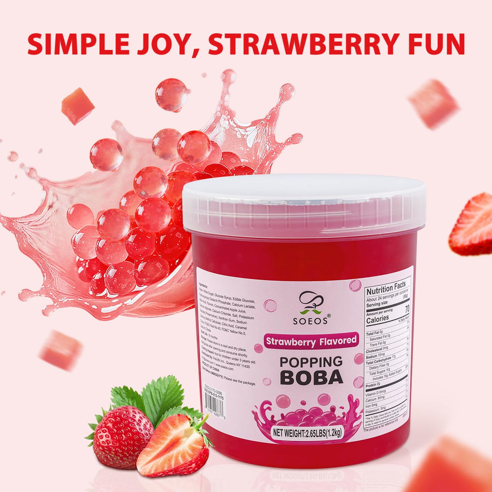Spoonful of Soeos strawberry pearls ready to serve for instant flavor