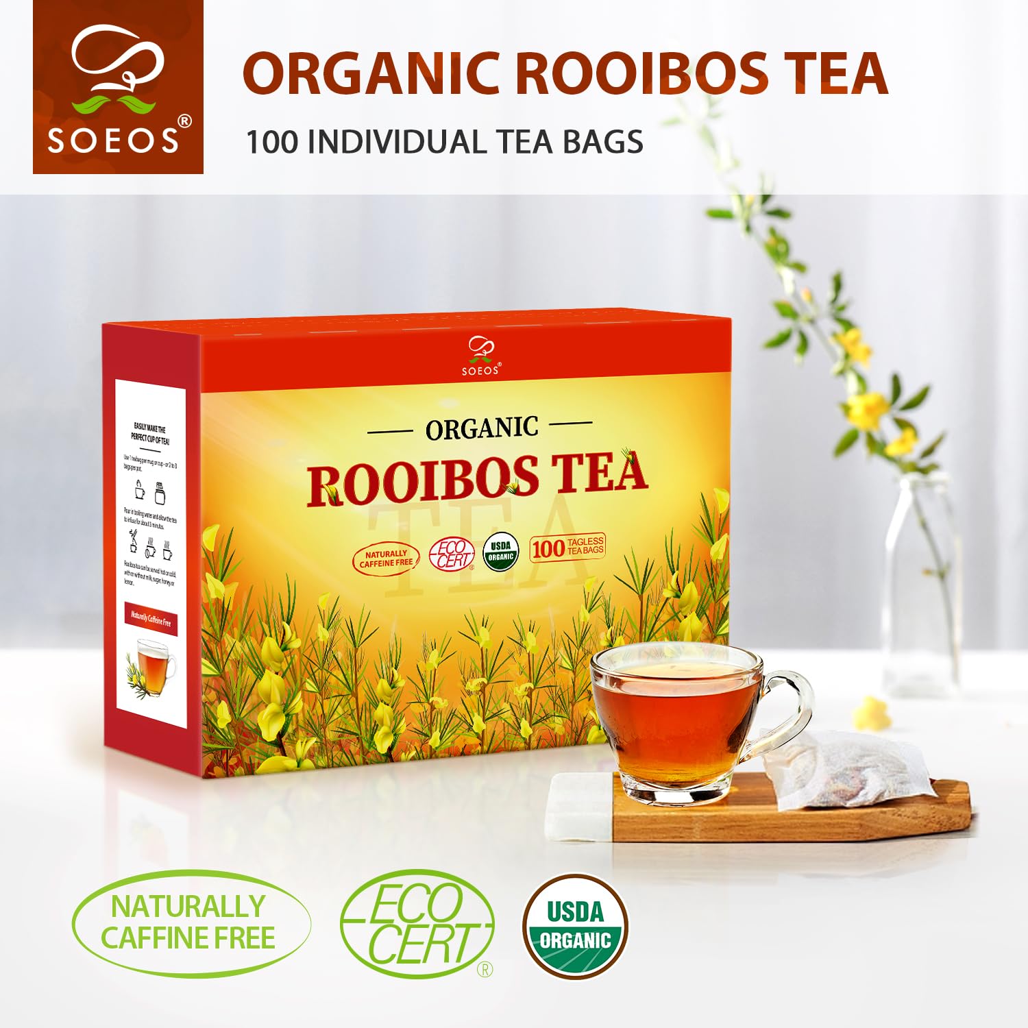 Soeos tagless tea bag detail showing tidy steeping and easy disposal benefit