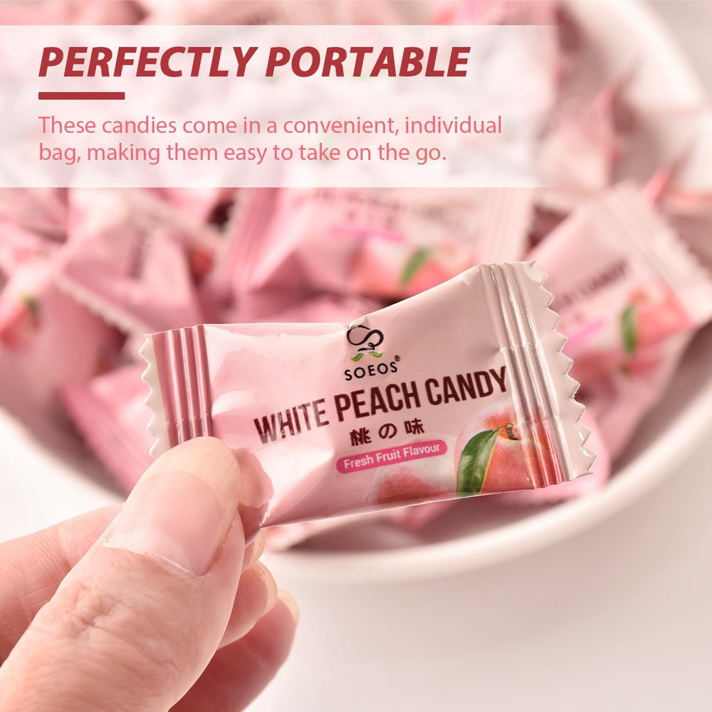 Soeos pile of white peach hard candies highlighting smooth texture and flavor