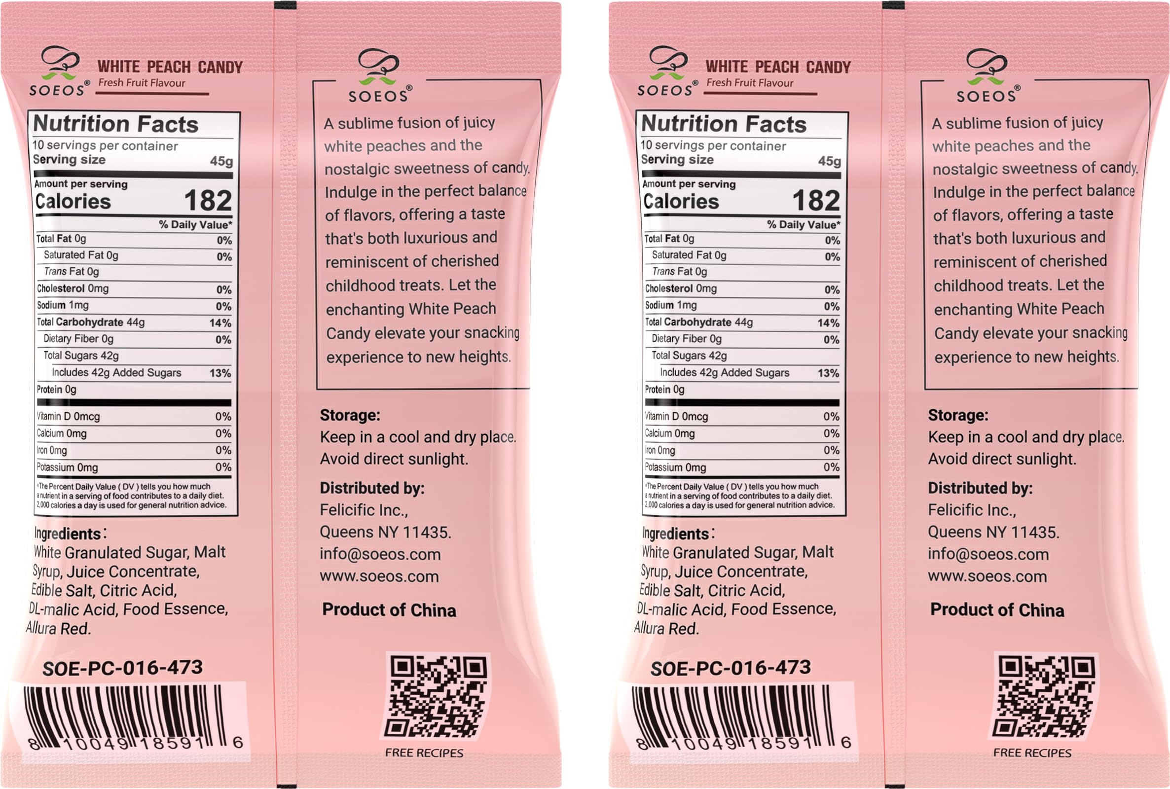 Soeos close-up of individually wrapped white peach candies preserving freshness