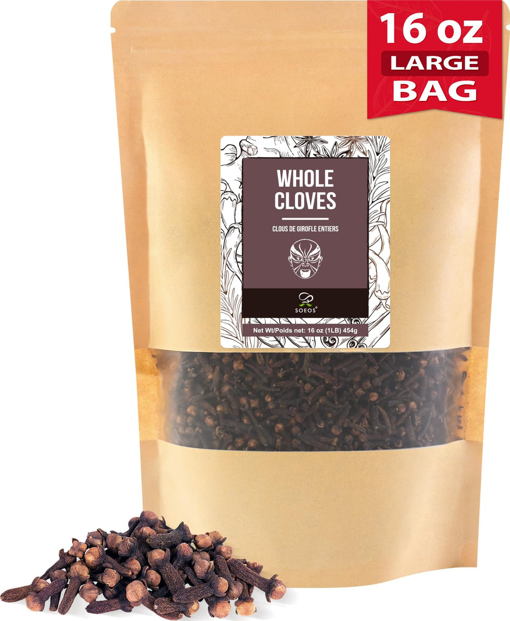 Soeos front packaging showing 16 ounce bulk cloves and clear labeling, convenient storage benefit