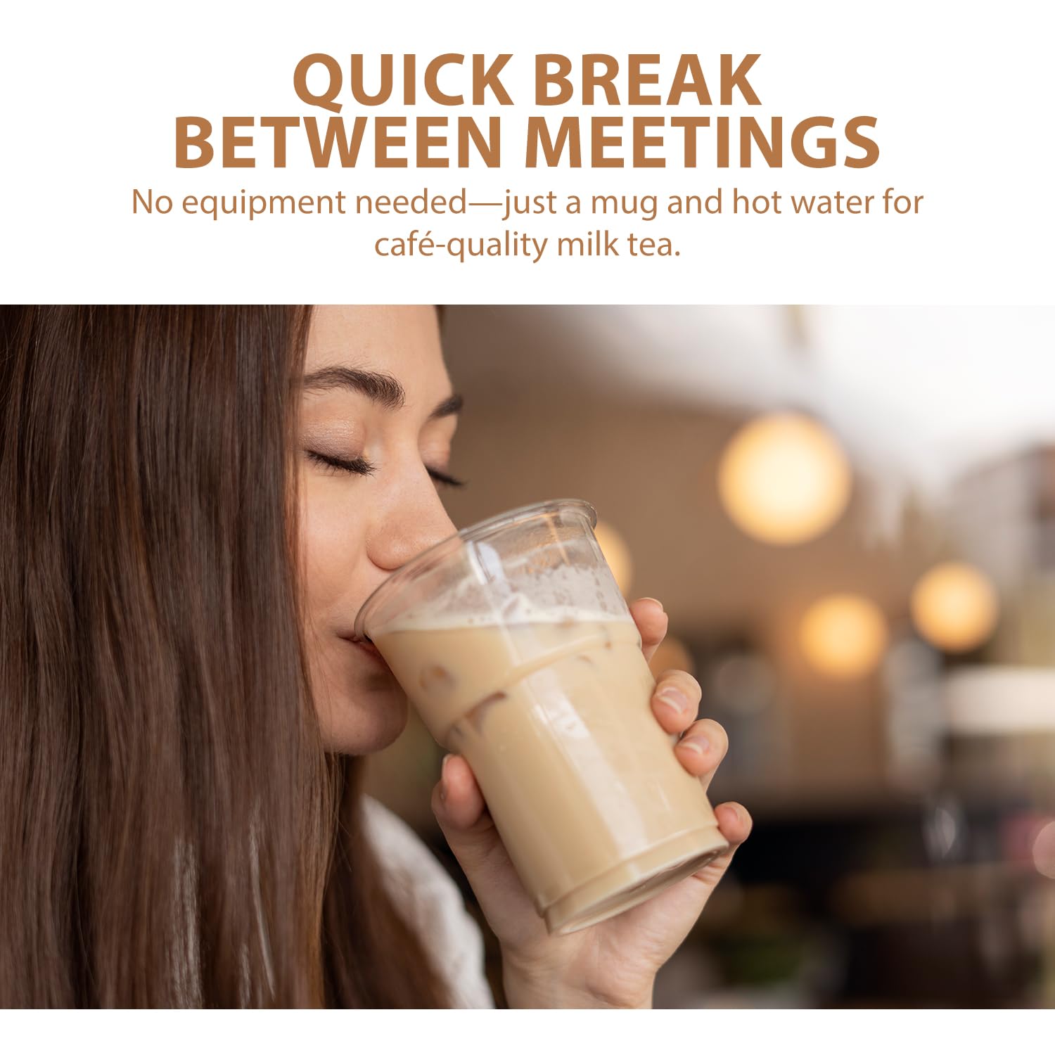 Soeos milk tea with boba in lifestyle scene illustrating customizable servings