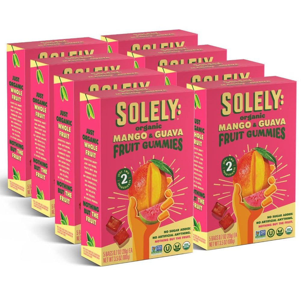 SOLELY front packaging showing mango and guava gummies and pack benefits