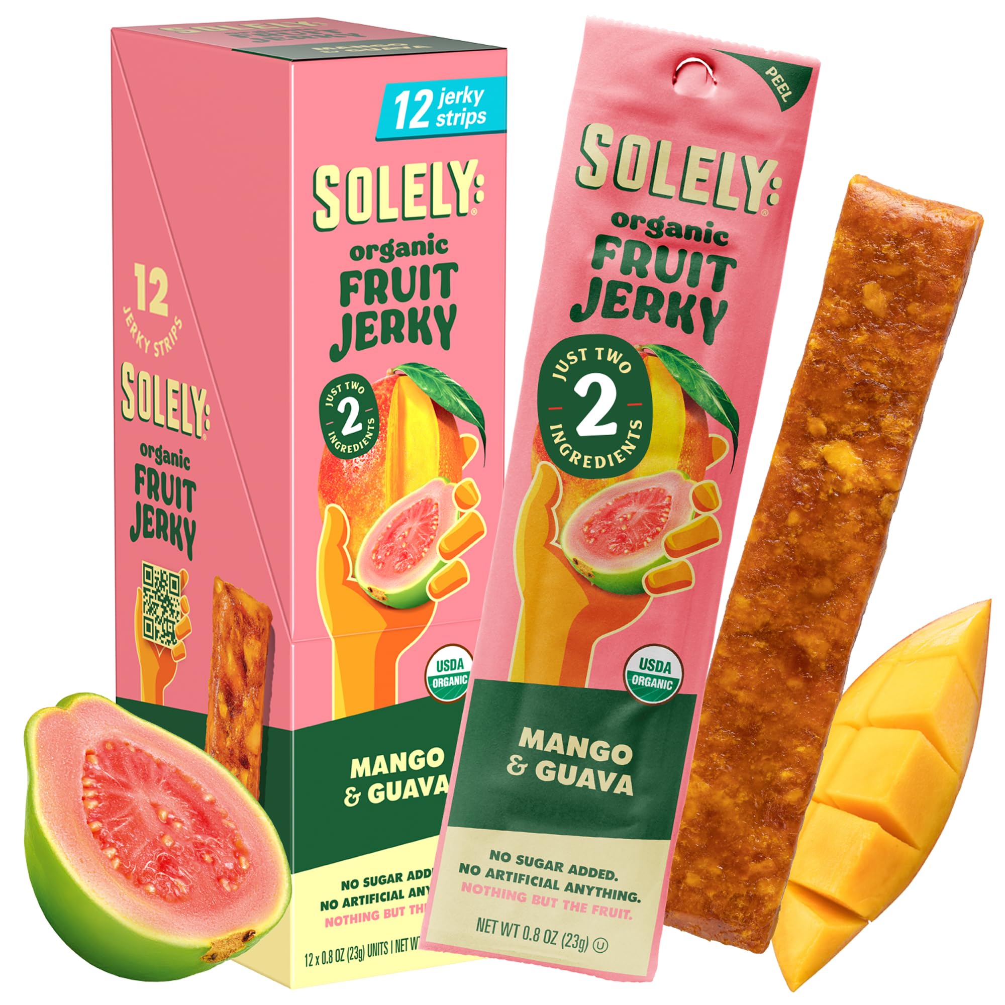 SOLELY front packaging showing mango guava fruit jerky, highlights clean ingredients