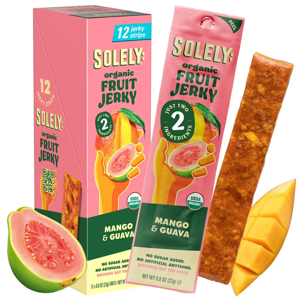 SOLELY front packaging showing mango guava fruit jerky, highlights clean ingredients