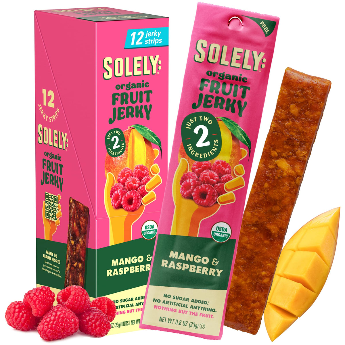 SOLELY front packaging showing box of 12 fruit strips and benefits