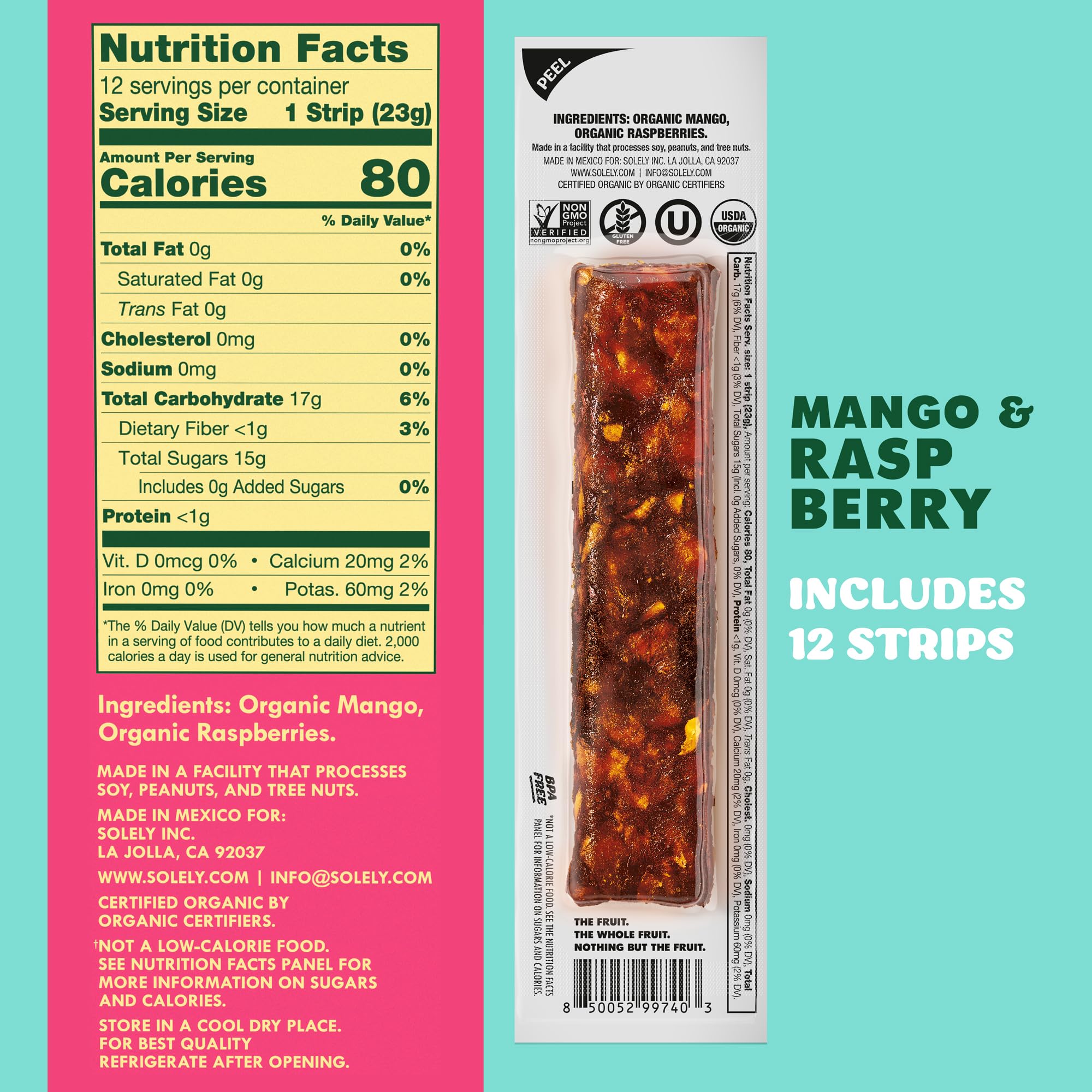 SOLELY individually wrapped strip opened to show fruit leather inside