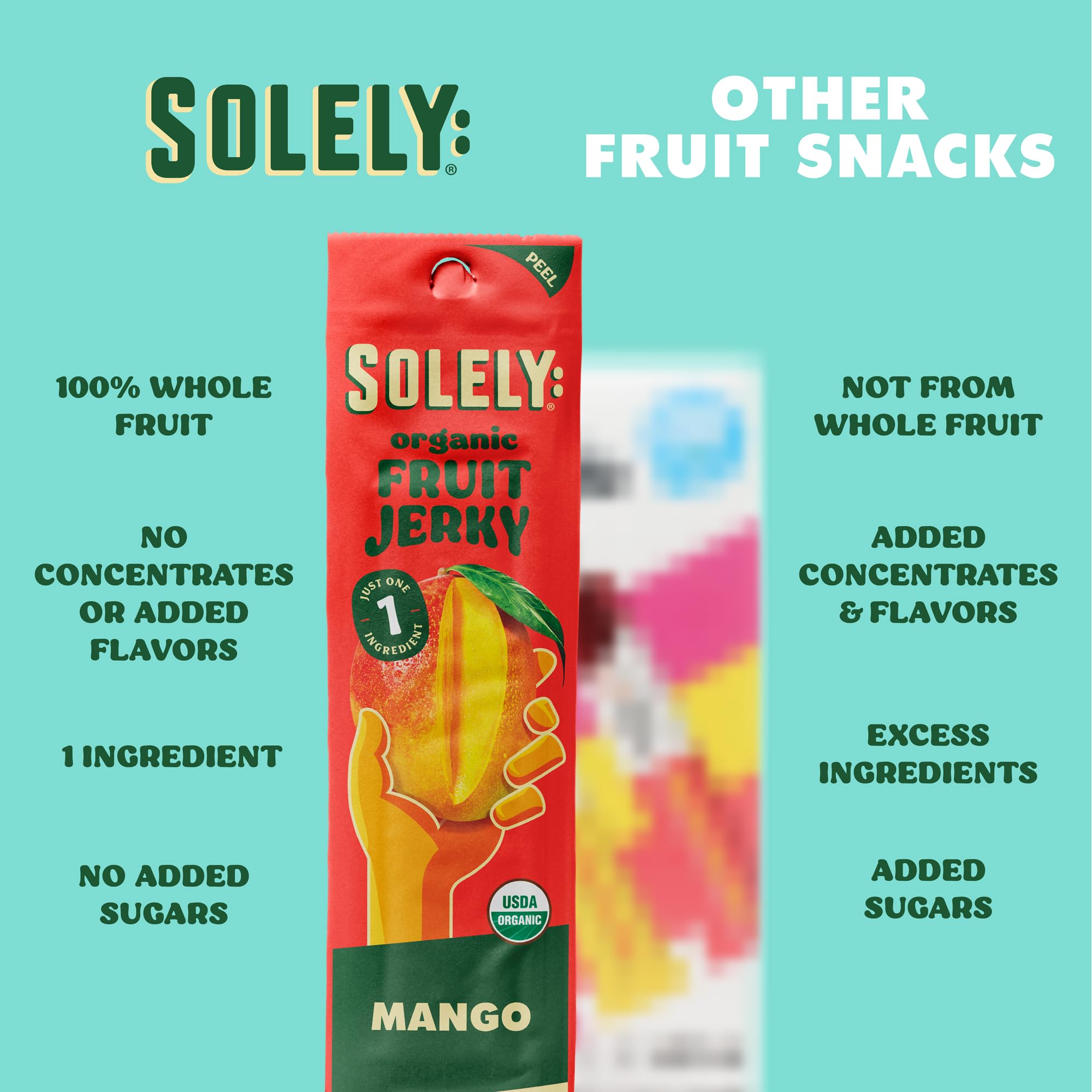 Solely fruit strip held in hand to show 0.8oz single-serve scale