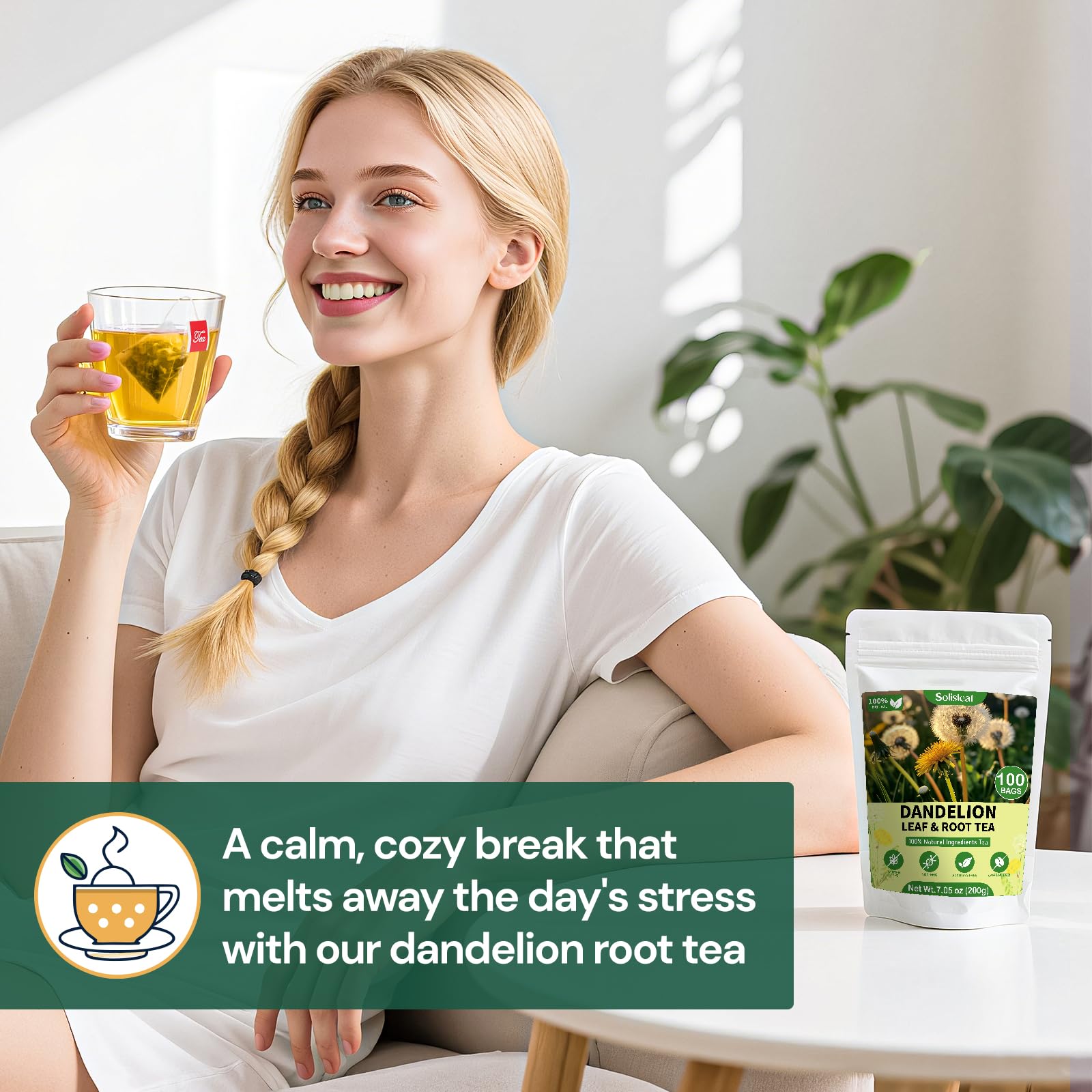 Solisleaf lifestyle shot in kitchen showing everyday herbal tea enjoyment