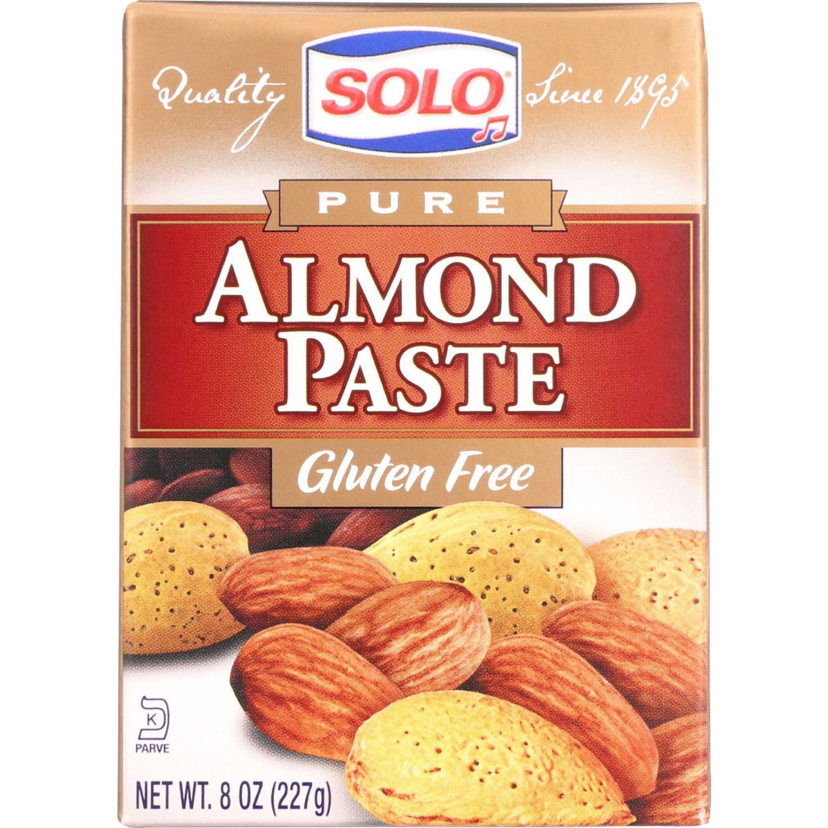 Solo almond paste front packaging showing foil-wrapped 8 oz pack, convenient portioning