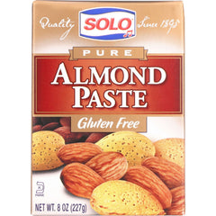 Solo almond paste front packaging showing foil-wrapped 8 oz pack, convenient portioning