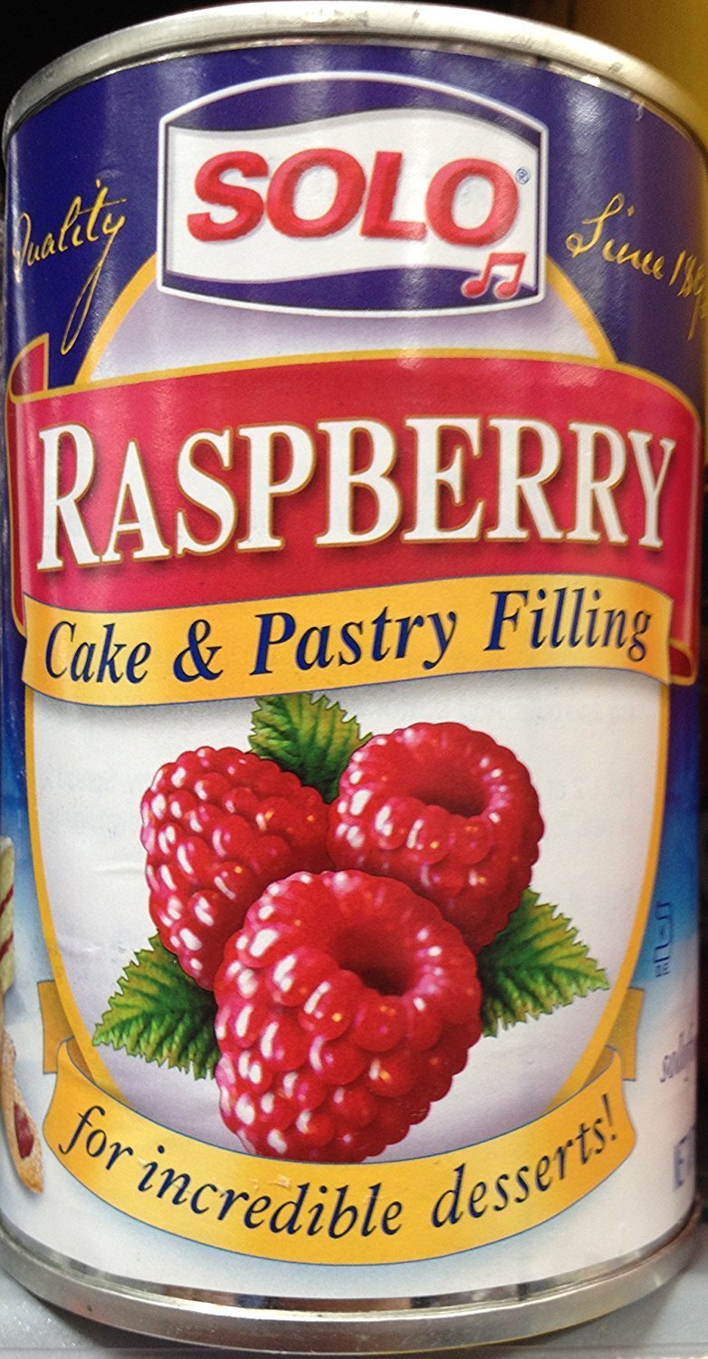 SOLO can front view showing label and vibrant raspberry filling benefits presentation