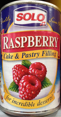 SOLO can front view showing label and vibrant raspberry filling benefits presentation