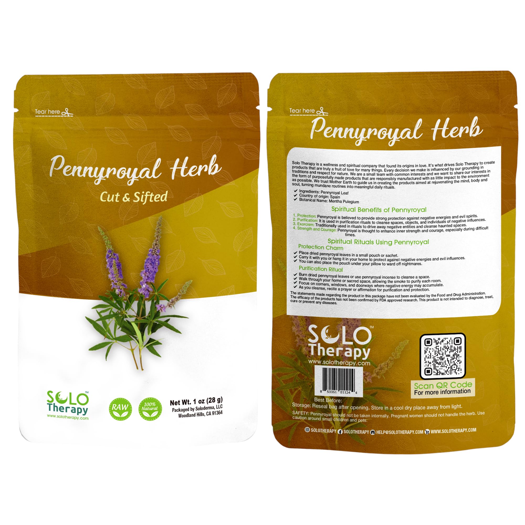 Solo Therapy pennyroyal resealable pouch shows front label and neat packaging benefit freshness