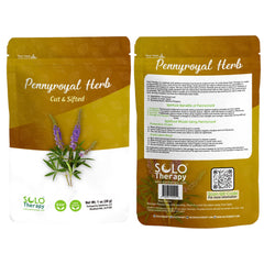 Solo Therapy pennyroyal resealable pouch shows front label and neat packaging benefit freshness
