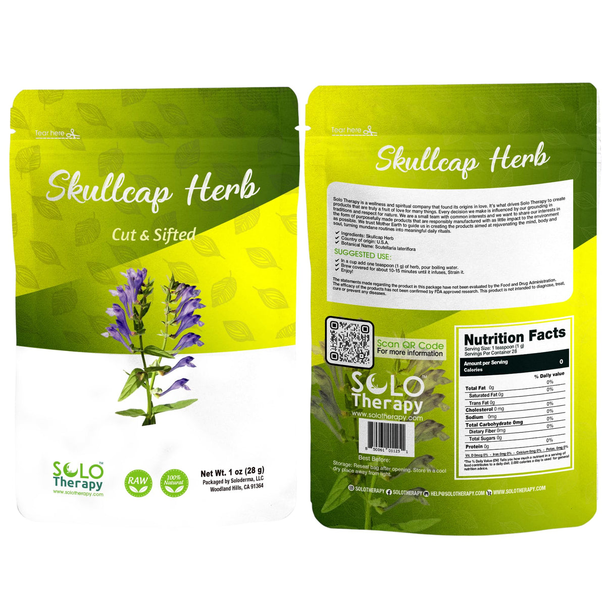 Solo Therapy skullcap front packaging showing label and resealable bag benefit of freshness
