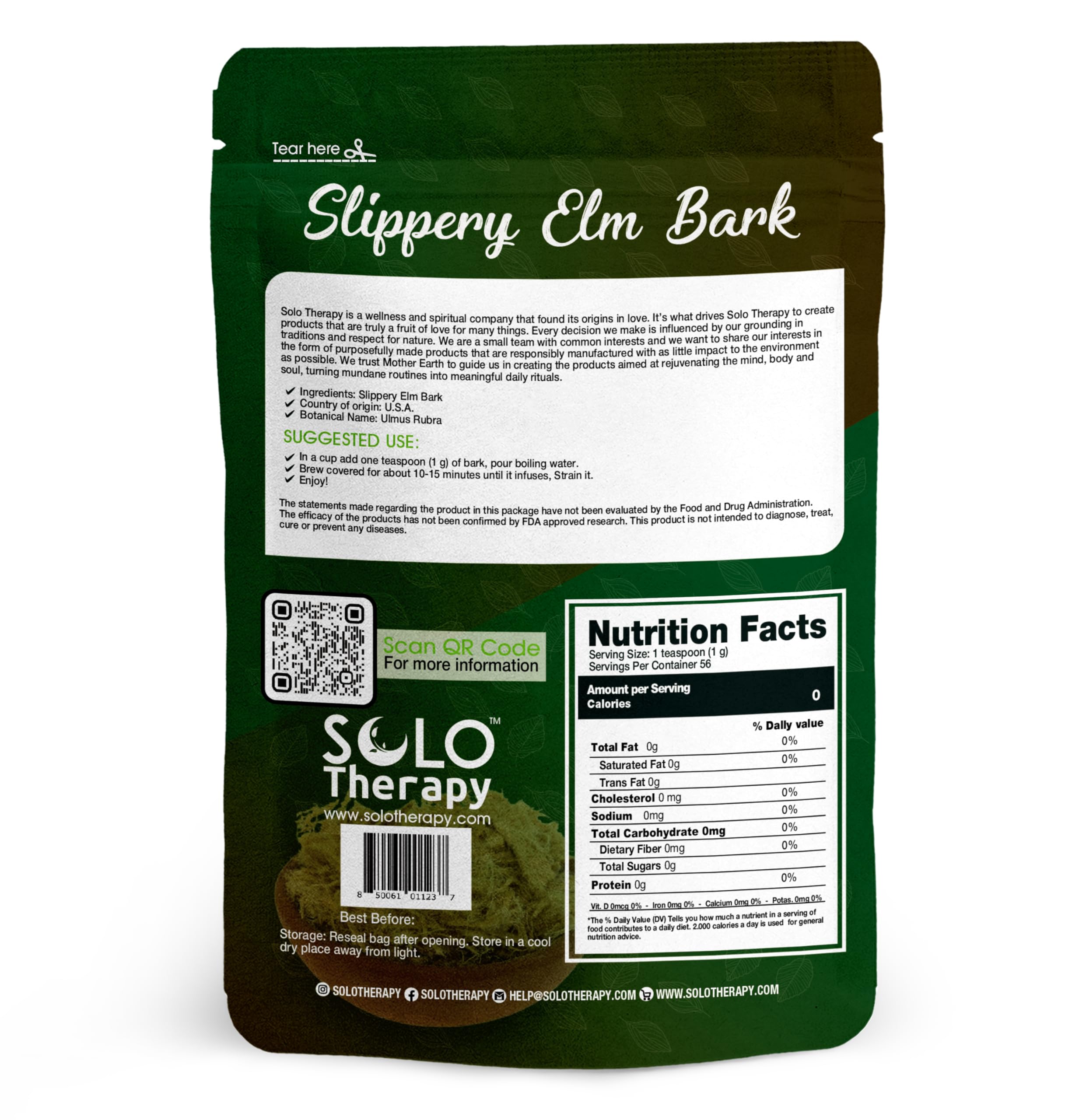 Solo Therapy close-up of cut and sifted slippery elm bark texture showing quality