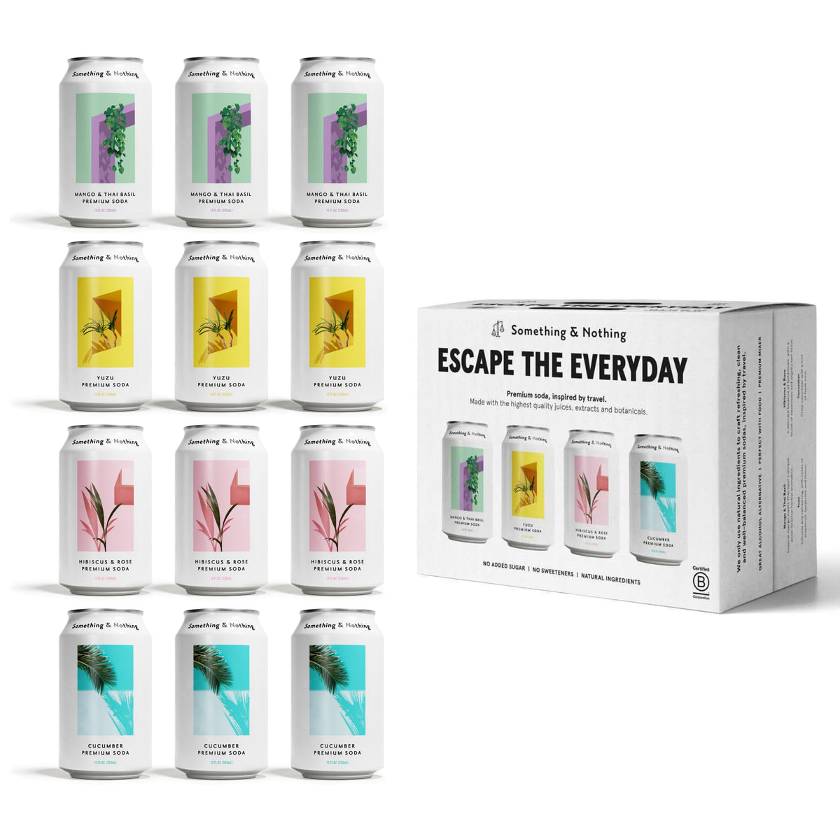 Something & Nothing front pack shot showing all four flavors and convenient 12-pack benefits