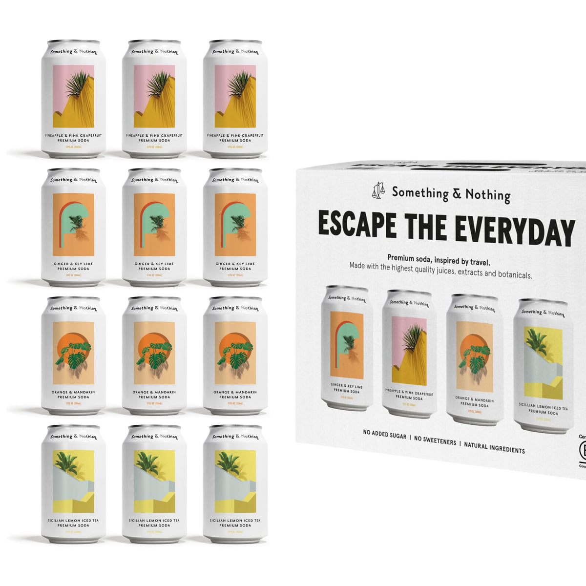 Something & Nothing front packaging showing 12-pack and flavors, highlights convenience