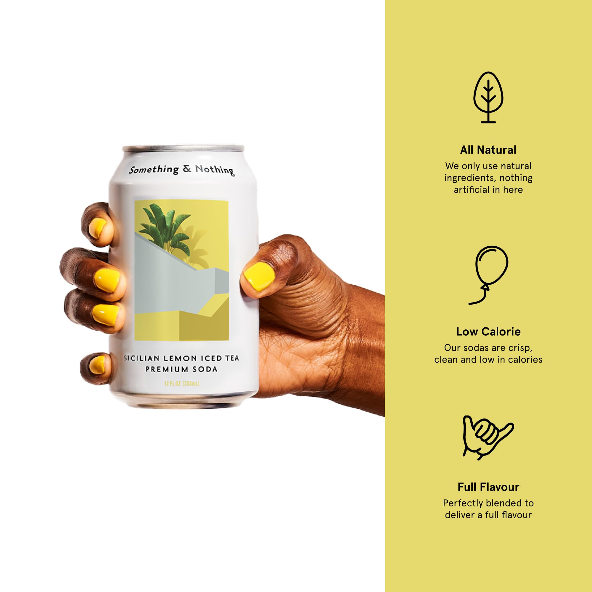 Something & Nothing can held in hand to show 12 fl oz scale and convenient portability
