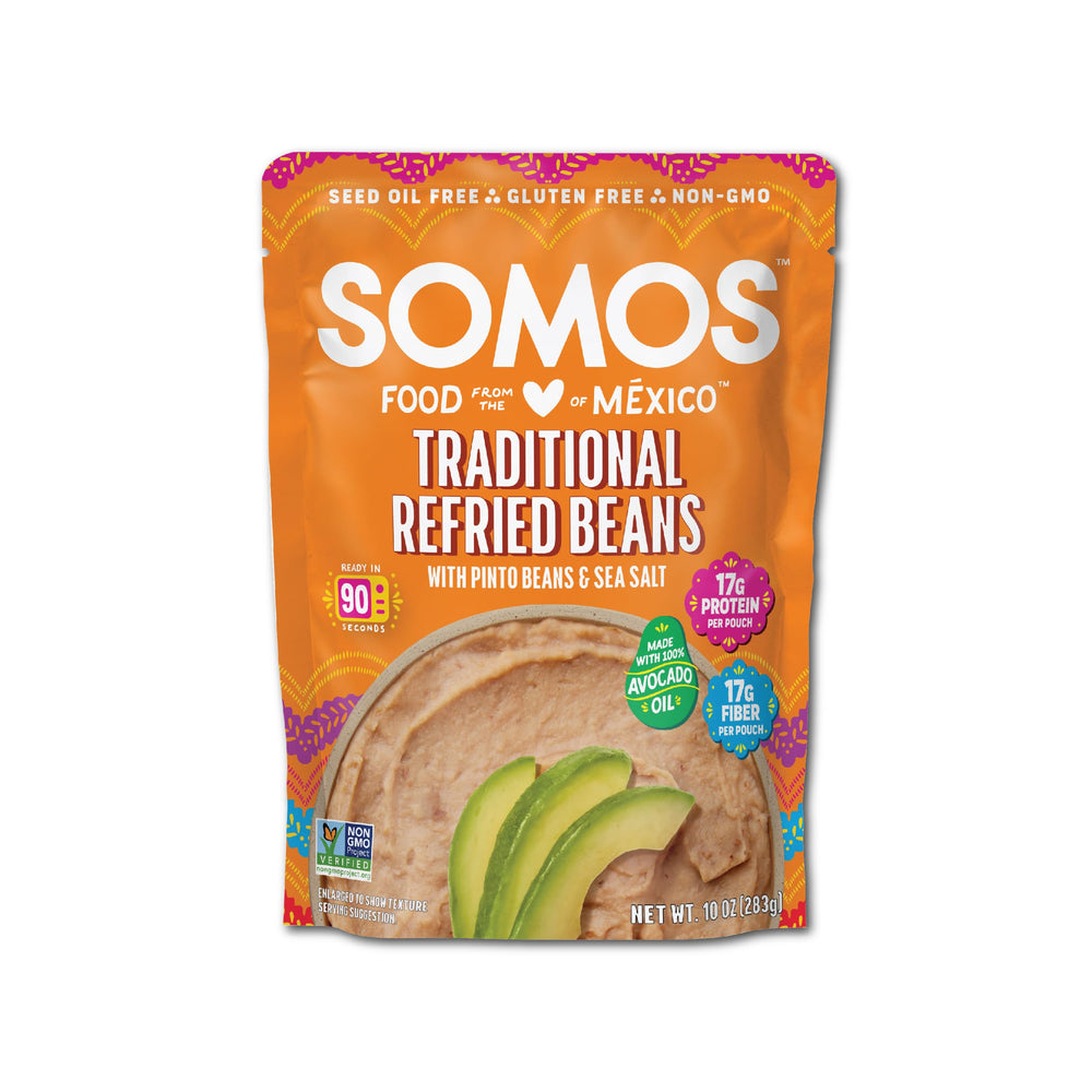 SOMOS close-up of creamy refried bayo beans texture, smooth spreadable consistency benefit