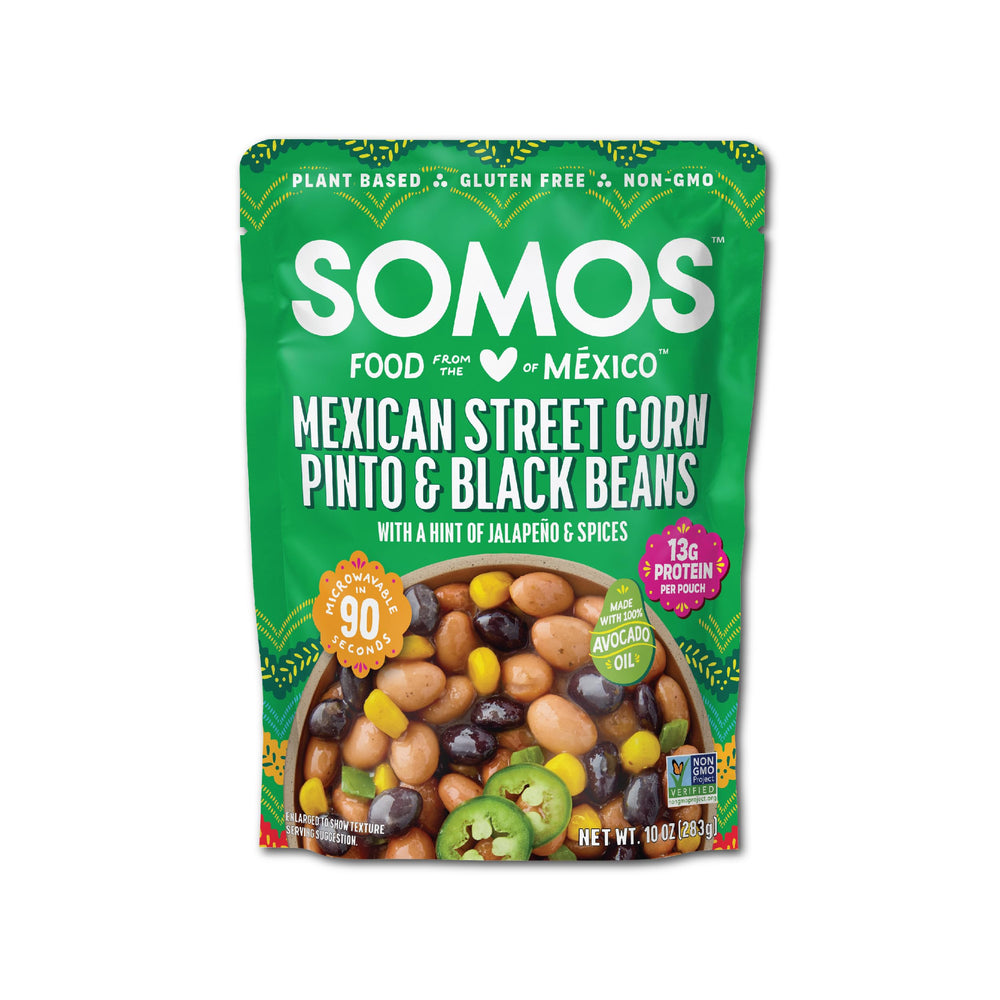 SOMOS close-up of pinto beans and roasted corn texture with visible spices, tasty appeal