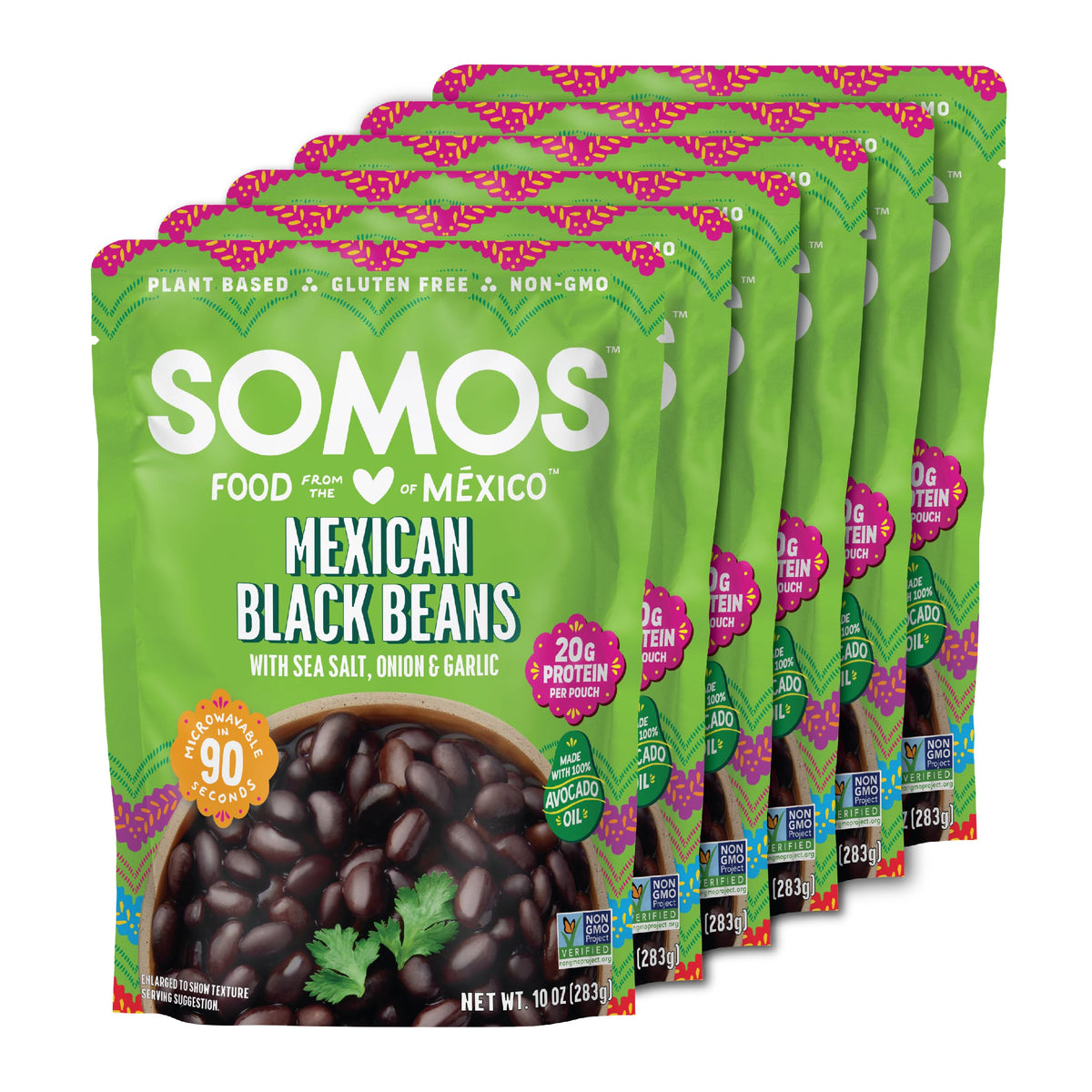 SOMOS front packaging showing 10oz pouch and Mexican branding for quick meals