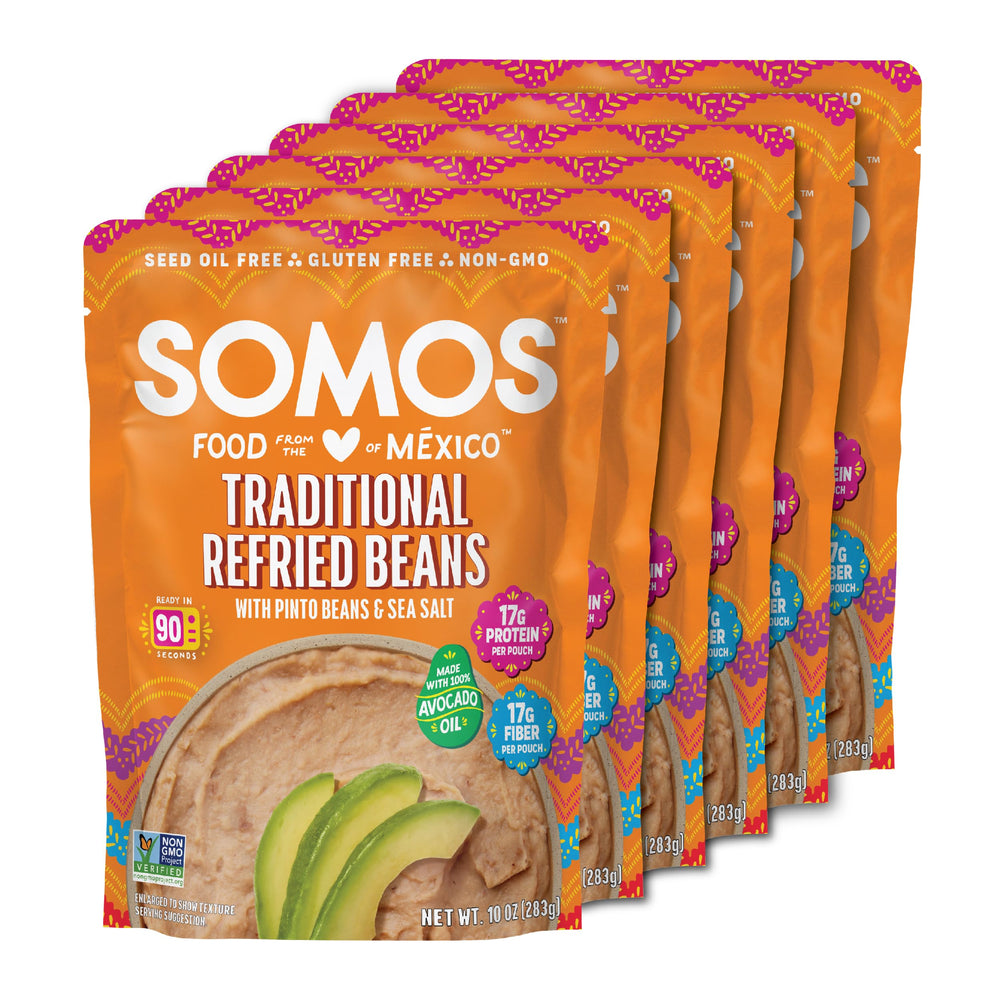 SOMOS front packaging showing six 10 oz ready-to-eat containers, convenient pantry staple