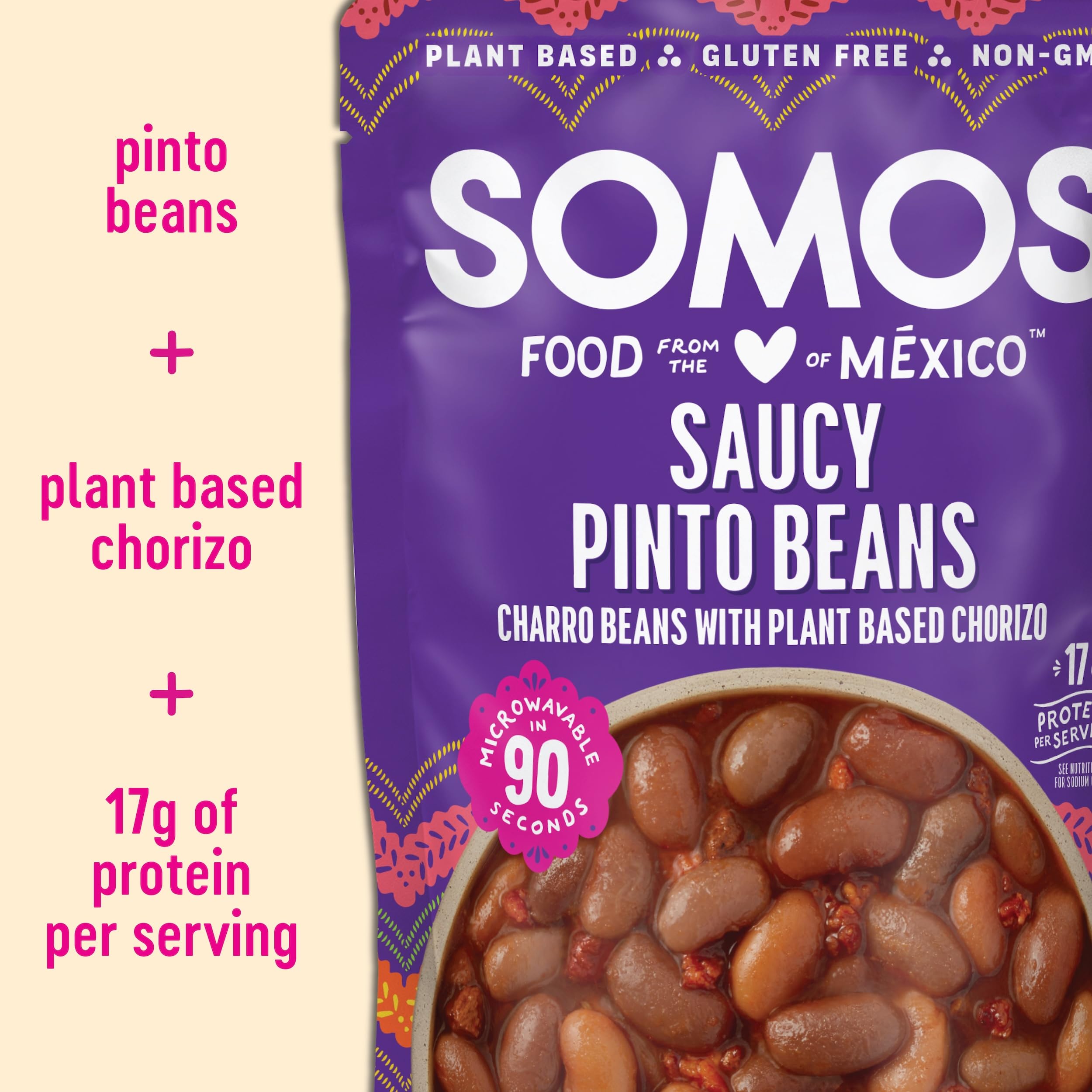 SOMOS label and nutrition panel showing gluten-free and non-GMO benefits